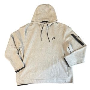 Nike Tech Hooded Sweatshirt Grey Relaxed Bottom With Zipper on Arm Pre-Owned XL